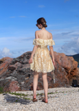 Golden A Line Off the Shoulder Lace Short Homecoming Dress Vacation Dress Outfits HZ1023