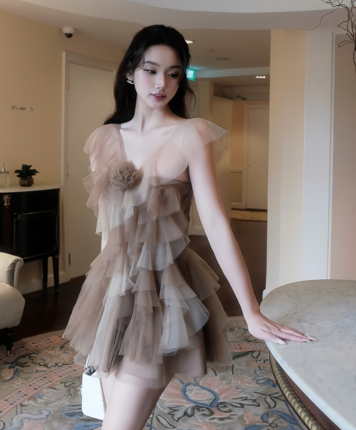 Romantic Brown A Line V Neck Layered Tulle Short Homecoming Dress Cocktail Dress HZ1023