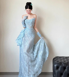 Blue Mermaid Strapless Pleated Blue Lace Long Party Dress Evening Dress HZ1023
