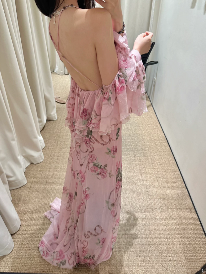 Flowy Pink A Line Spaghetti Strap Print Floral Chiffon Open Back Prom Dress Vacation Dress HZ1023