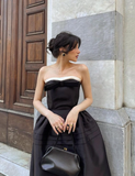 Black A Line Strapless Satin Prom Dress Evening Homecoming Dress with Bow HZ1023