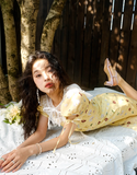 Cute A Line Puff Print Floral Lace Yellow Chiffon Summer Dress Party Dress Outfits HZ1023