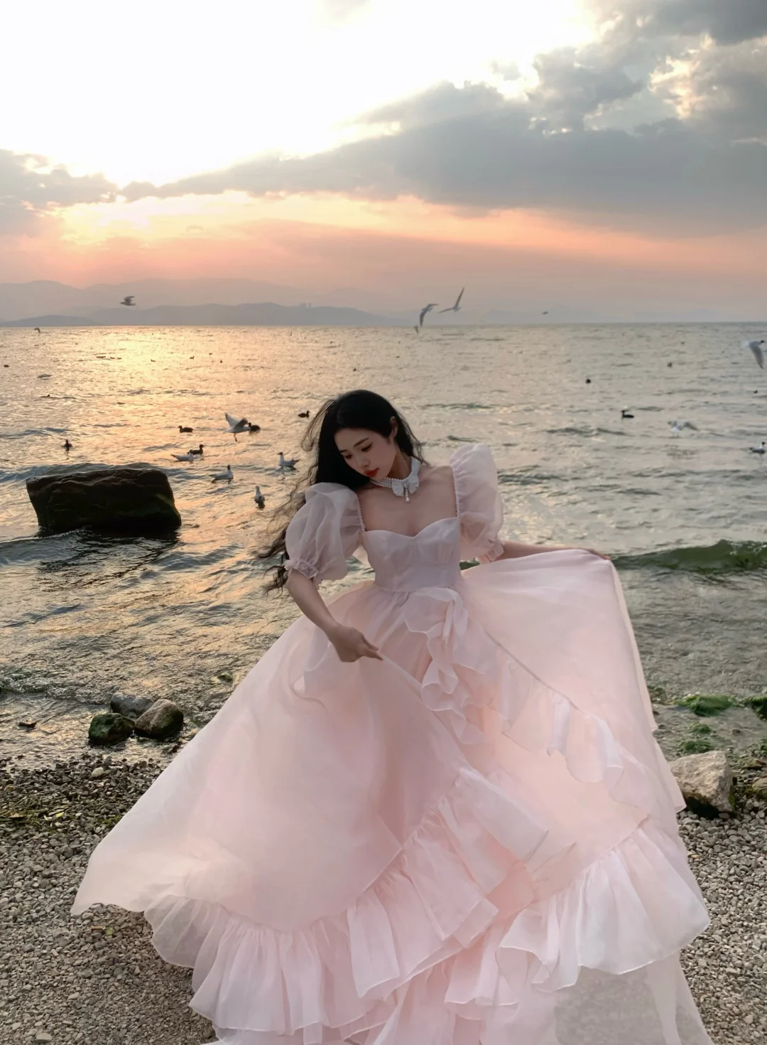 Princess Light Pink A Line Puff Chiffon Long Party Dress Evening Dress HZ1023