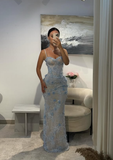 Baby Blue Sheath V Neck Beaded 3D Floral Lace Prom Dress Evening Dress HZ1023