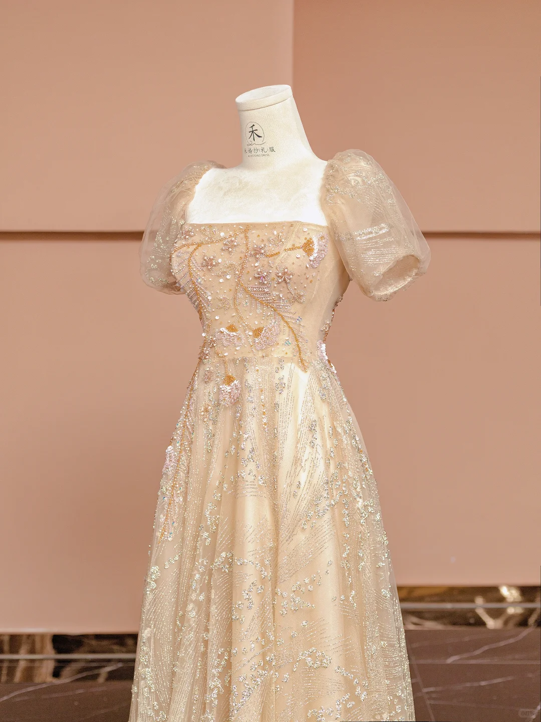 Pretty A Line Puff Beaded Sequin Champagne Tulle Long Prom Dress Party Dress HZ1023