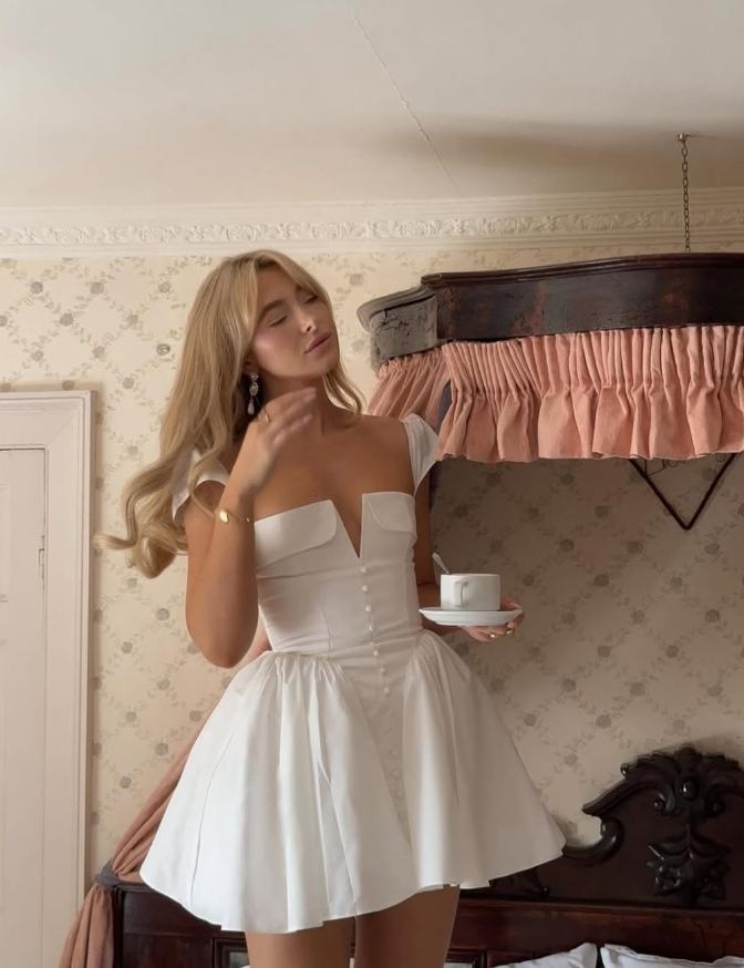 Princess A Line V Neck White Satin Short Homecoming Dress Birthday Dress HZ1023