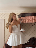 Princess A Line V Neck White Satin Short Homecoming Dress Birthday Dress HZ1023