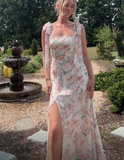 Chic Chiffon Print Floral A Line Slit Long Prom Dress With Bow Straps HZ1023