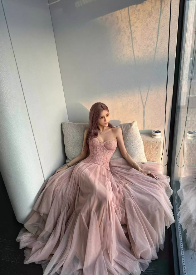 Pink Princess A Line Sweetheart Neck Tulle Lace Long Prom Dress Party Dress Birthday Dress HZ1023