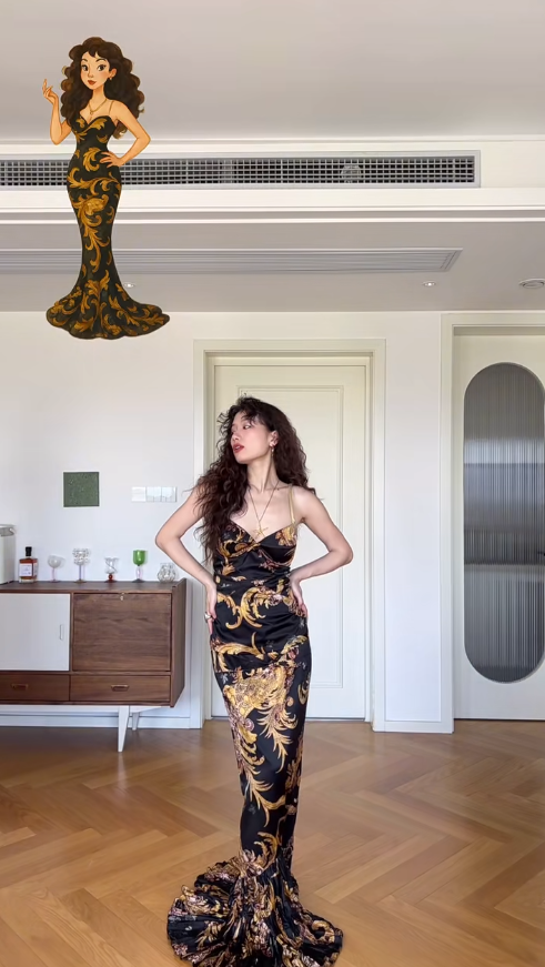 Classic Mermaid Spaghetti Strap Printed Floral Black Satin Prom Dress Wedding Guest Dress HZ1023