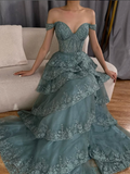Blue A Line Off the Shoulder Appliques Tiered Petal Tulle Prom Dress Evening Dress HZ1023