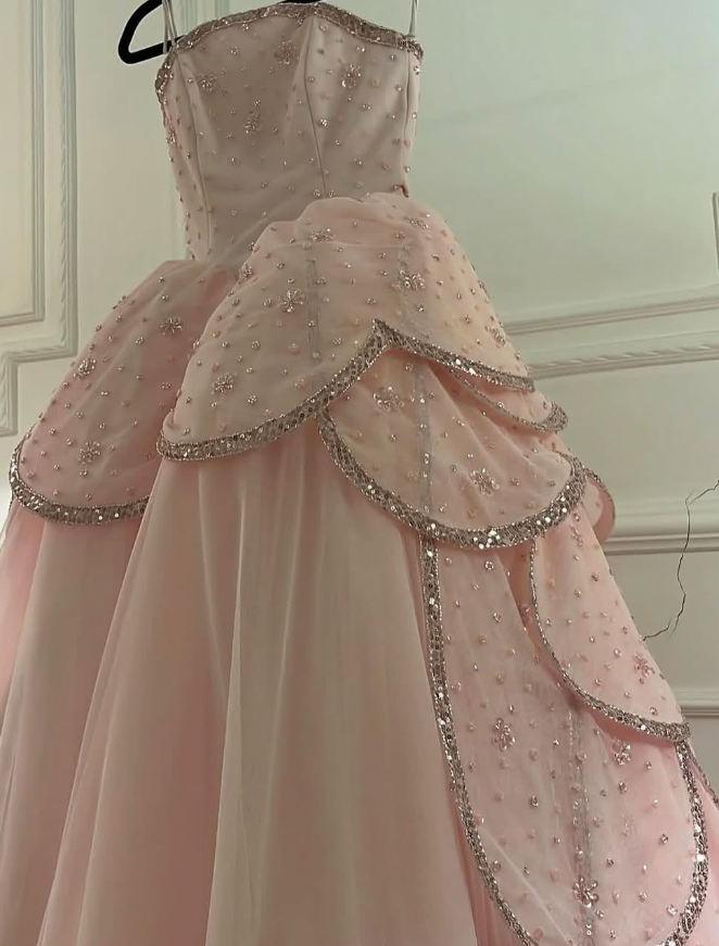 Pink A Line Strapless Tiered Beaded Tulle Party Dress Evening Dress Ball Gown HZ1023