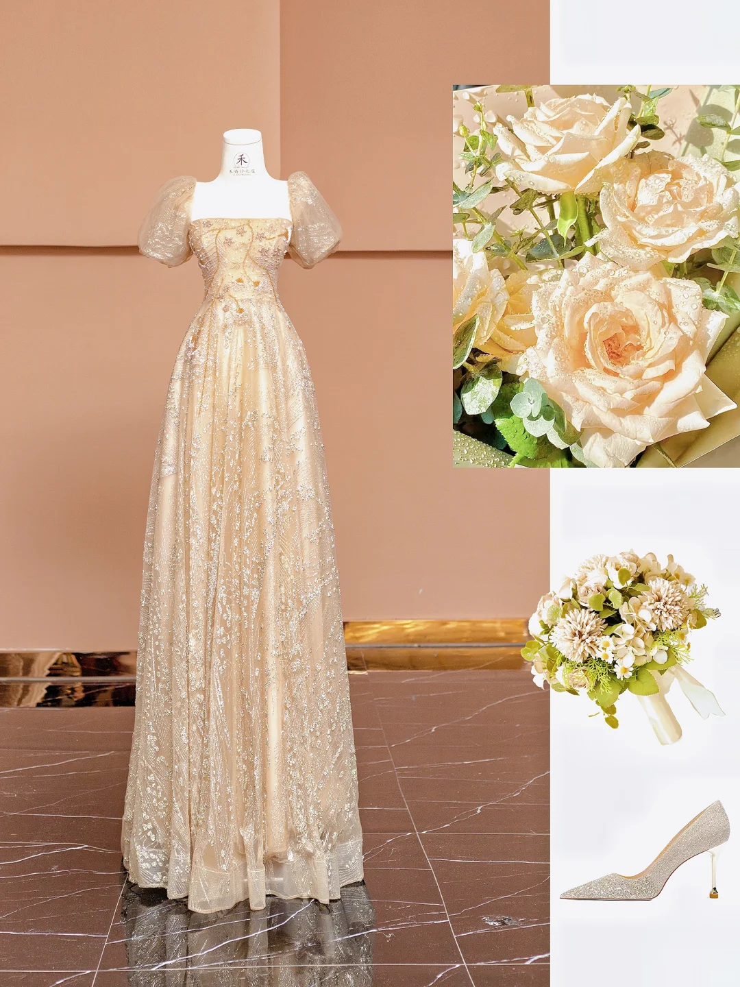 Pretty A Line Puff Beaded Sequin Champagne Tulle Long Prom Dress Party Dress HZ1023