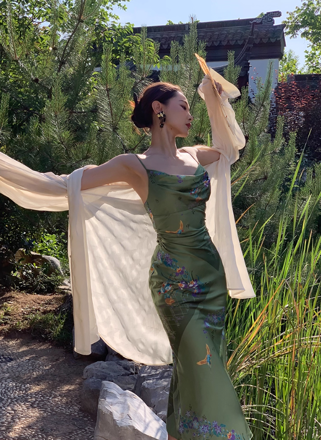 Green Simple Sheath Spaghetti Strap Print Floral Satin Prom Dress Evening Dress Formal Gown HZ1023