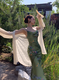Green Simple Sheath Spaghetti Strap Print Floral Satin Prom Dress Evening Dress Formal Gown HZ1023