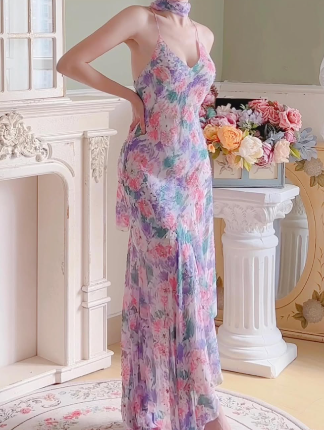 Purple Vintage Mermaid Spaghetti Strap Beaded Print Floral Chiffon Party Dress Prom Dress HZ1023