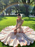 Gentle Pink A Line Spaghetti Strap Print Floral Satin Prom Dress Party Dresses HZ1023