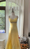 Yellow A Line Strap Beaded Sequin Chiffon Open Back Prom Dress Evening Dress HZ1023