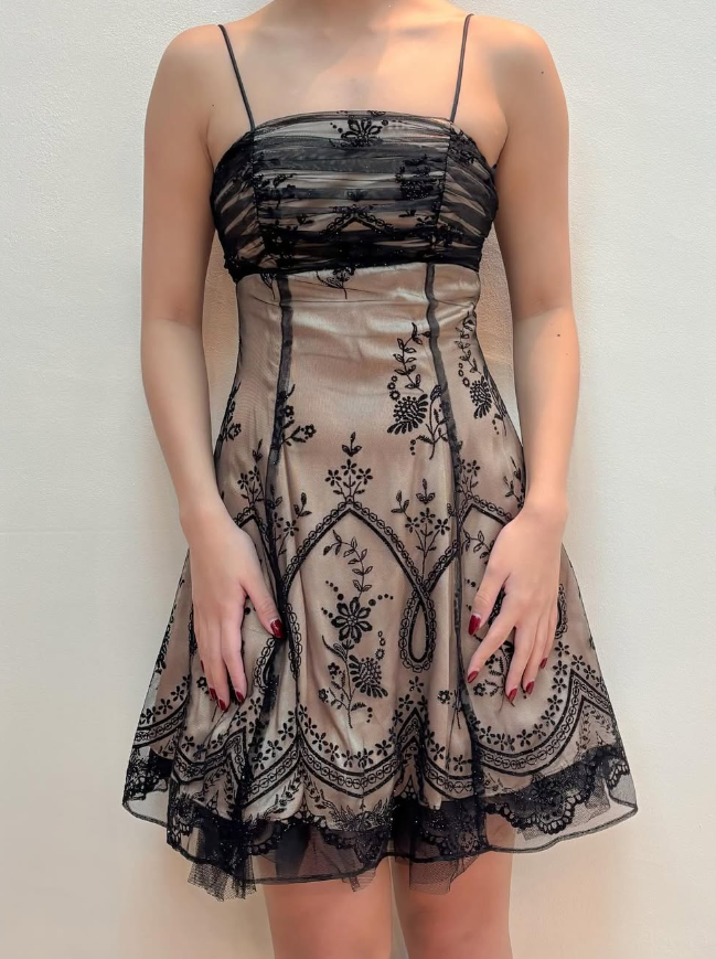 Vintage A Line Spaghetti Strap Embroidery Chiffon Satin Short Homecoming Dress HZ1023