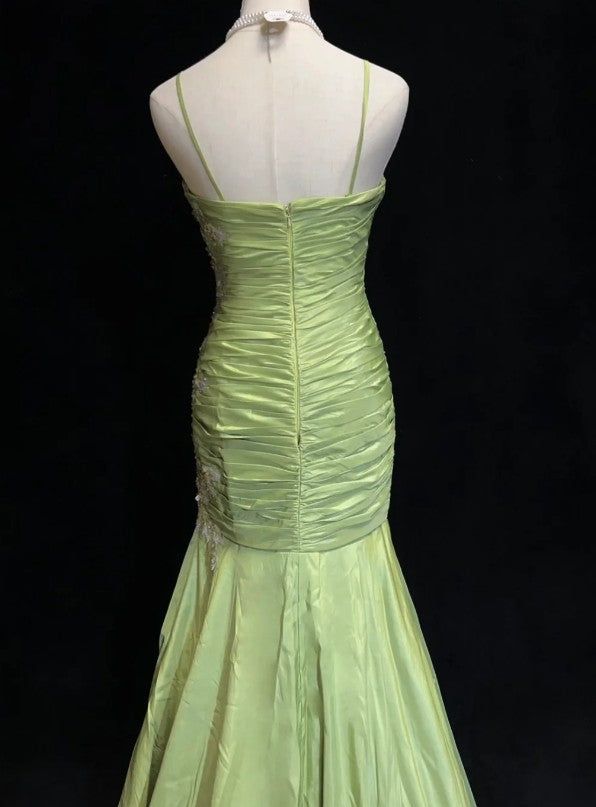 Vintage Mermaid Sweetheart Neck Appliques Green Satin Long Party Dress Evening Dress HZ1023