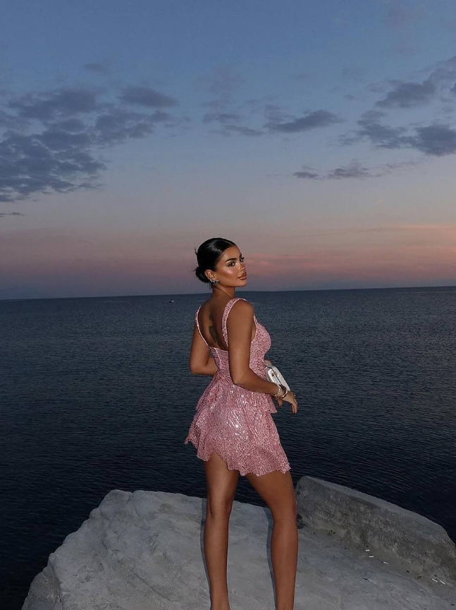 Pink A Line Straps Sequin Short Homecoming Dress Birthday Dress HZ1023