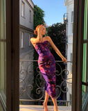 Sexy Purple Print Floral Sheath Halter Chiffon Long Prom Dress Party Dress HZ1023