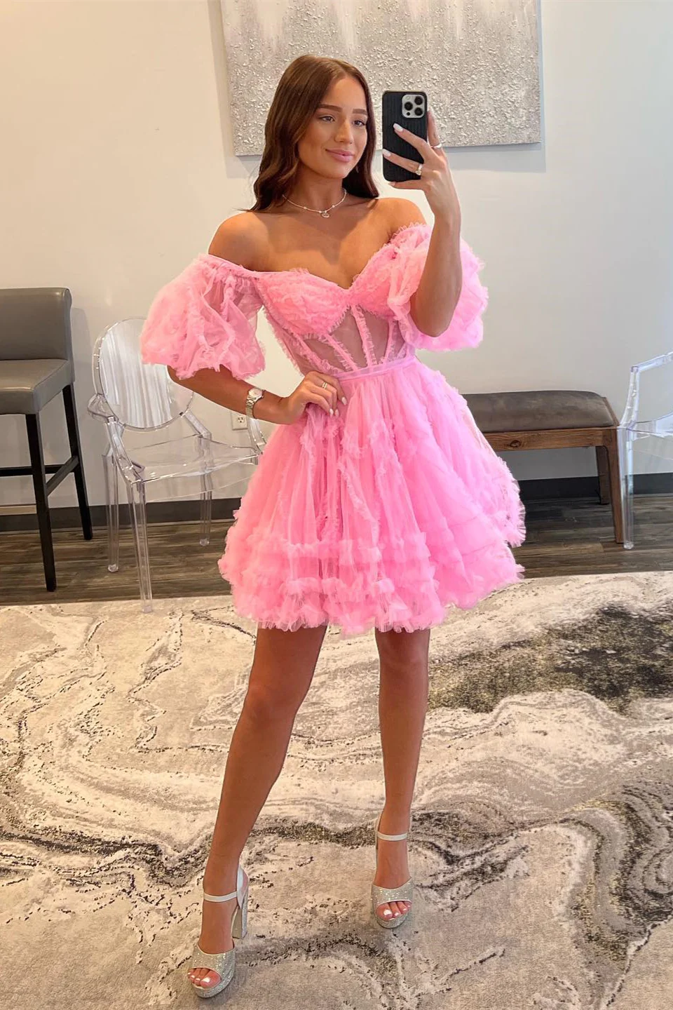 Pink Off-the-Shoulder Ruffles Puff Sleeves Homecoming Dress,Party Dress HZ1023