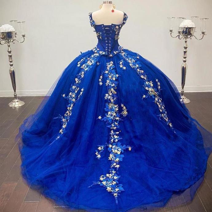 Royal Blue Ball Gown Quinceanera Dresses Off the Shoulder Beaded 3D FLowers Sweet 16 Dress Girls Party Gowns vestidos de quincea?era HZ1023