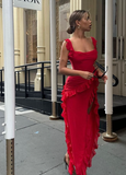 Red Chiffon Prom Dress Long Ruffle Party Dress Evening Dress HZ1023