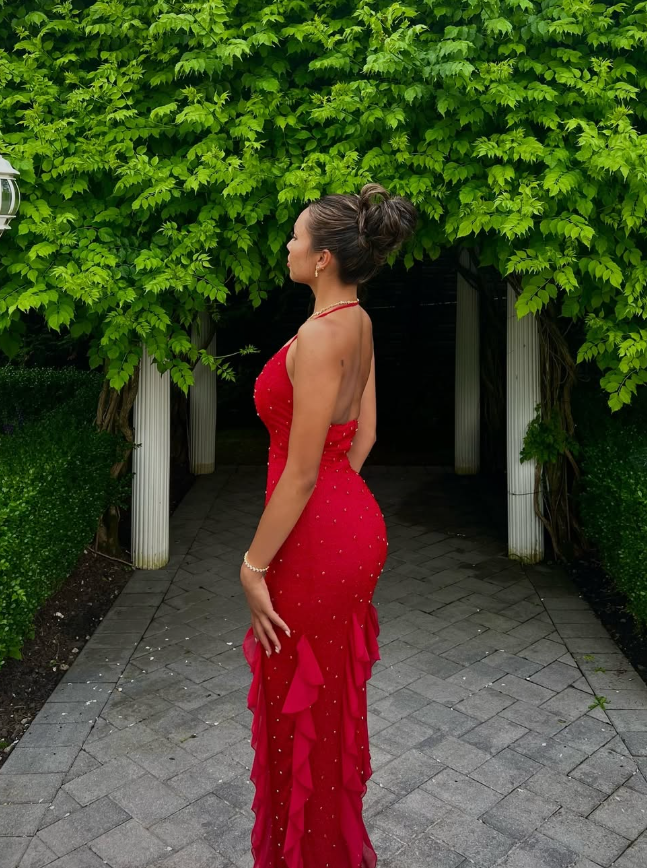 Red Exquisite Beaded Ruffle Flowy Chiffon Formal Party Dress Prom Dress Date Dress HZ1023