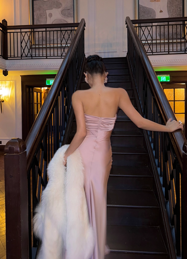Romantic Mermaid Sweetheart Neck Pink Satin Long Prom Dress Party Dress Date Dresses HZ1023