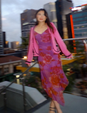 Pretty Purple A Line Straps Print Floral Chiffon Party Dress Date Dress Outfits HZ1023