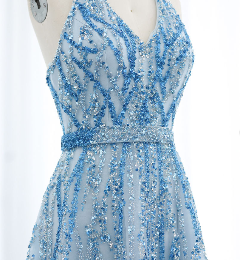 Blue A Line V Neck Sequin Beaded Tulle Long Prom Dress Evening Dress HZ1023