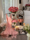 Vintage Romantic Pink Beaded V Neck Chiffon Evening Dress Party Dress HZ1023