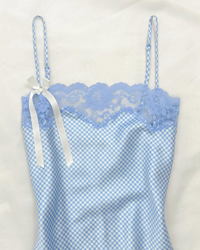 Blue Lattice A Line Spaghetti Strap Lace Satin Short Homecoming Dress Birthday Dress Outfits HZ1023