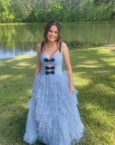 A Line Straps Polka Dots Layered Tulle Long Prom Dress Evening Dress HZ1023