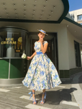 Vintage A Line Round Neck Blue Print Floral Satin Prom Dress Evening Dress HZ1023