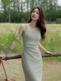 Sage Green Sheath Straps Satin Prom Dress Evening Dress Party Dress HZ1023