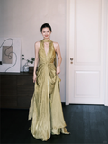 Simple Olive Green A Line V Neck Pleated Satin Prom Dress Party Dresses HZ1023