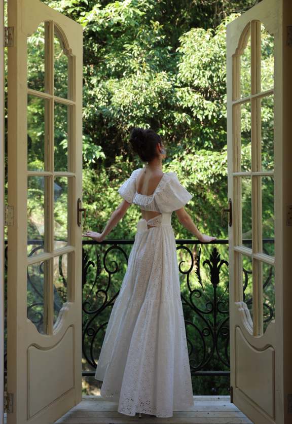 Princess A Line Puff White Lace Prom Dress Party Dress HZ1023