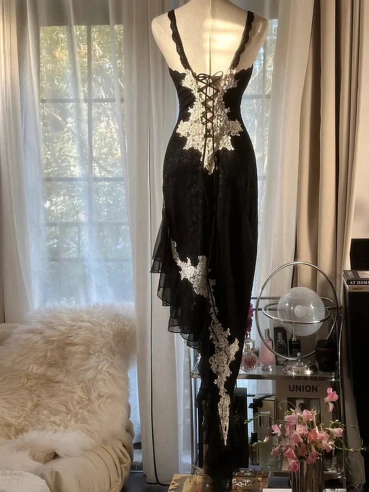 Sexy Sheath Spaghetti Strap Ruffle Appliques Lace Chiffon Party Dress Evening Dress HZ1023