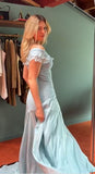 Retro Style A Line Off the Shoulder Blue Satin Long Party Dress Prom Dress HZ1023