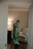 Vintage A Line Spaghetti Strap Beaded Green Satin Party Dress Evening Dress HZ1023
