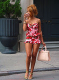 Print Floral Two Piece Sheath Sweetheart Neck Satin Mini Homecoming Dress Birthday Dress Outfits HZ1023