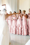 Baby Blue Mermaid Straps Tiered Satin Prom Dress Bridesmaid Dress HZ1023