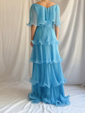 Blue Layered Chiffon A Line V Neck Simple Long Party Dress Evening Dress 18 Birthday Dress HZ1023