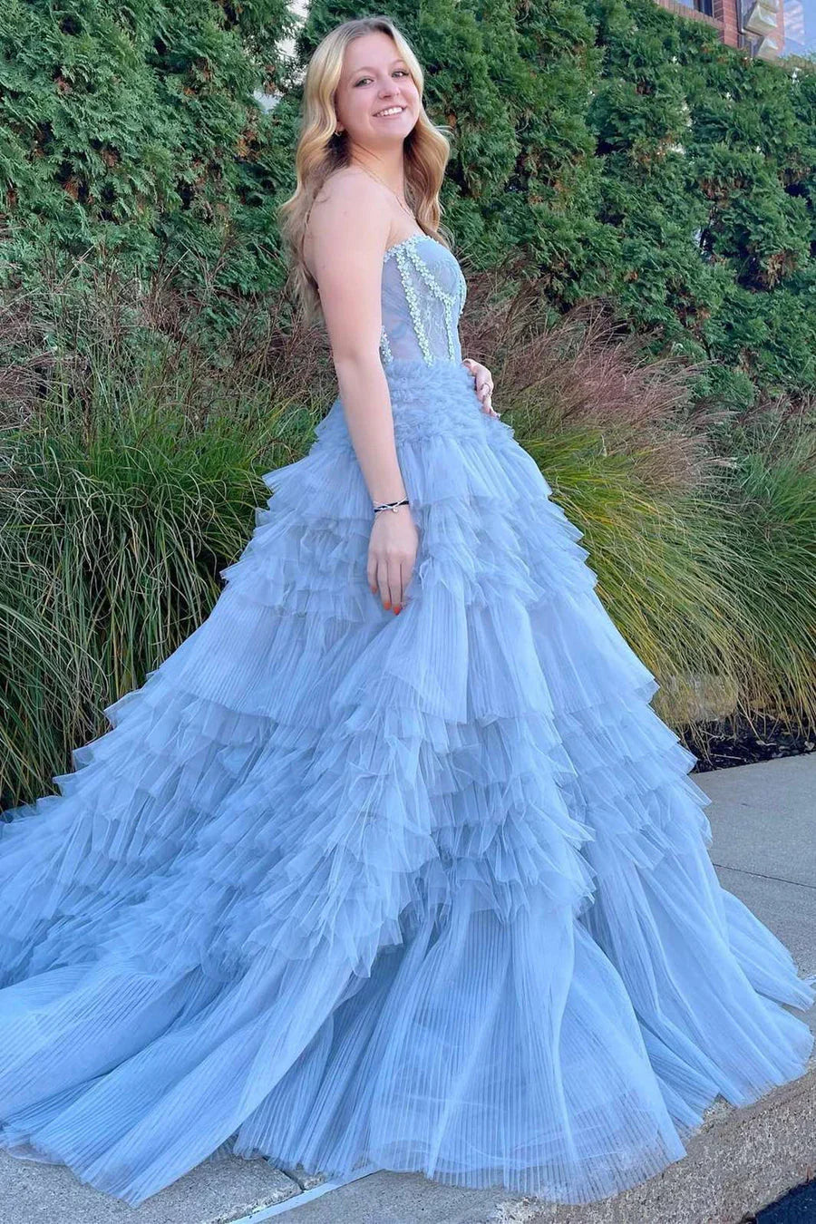 Blue Princess A-line Strapless Tiered Tulle Prom Dress Evening Dress HZ1023