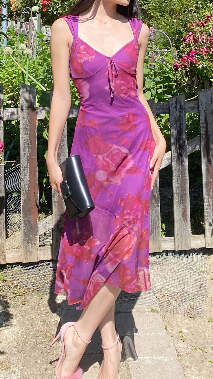 Pretty Purple A Line Straps Print Floral Chiffon Party Dress Date Dress Outfits HZ1023