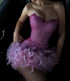 Sexy Pink Strapless Beaded Tulle Feather Short Prom Dress HZ1023