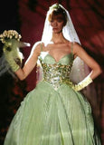 Vintage Ball Gown A Line Spaghetti Strap Beaded Pleated Green Tulle Party Dress Evening Dress HZ1023